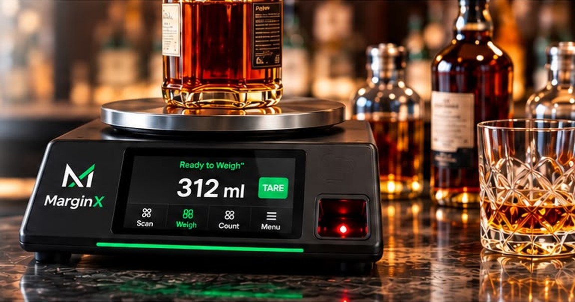 A whiskey bottle on the MarginX smart scale reading 312 ml, on a bar top