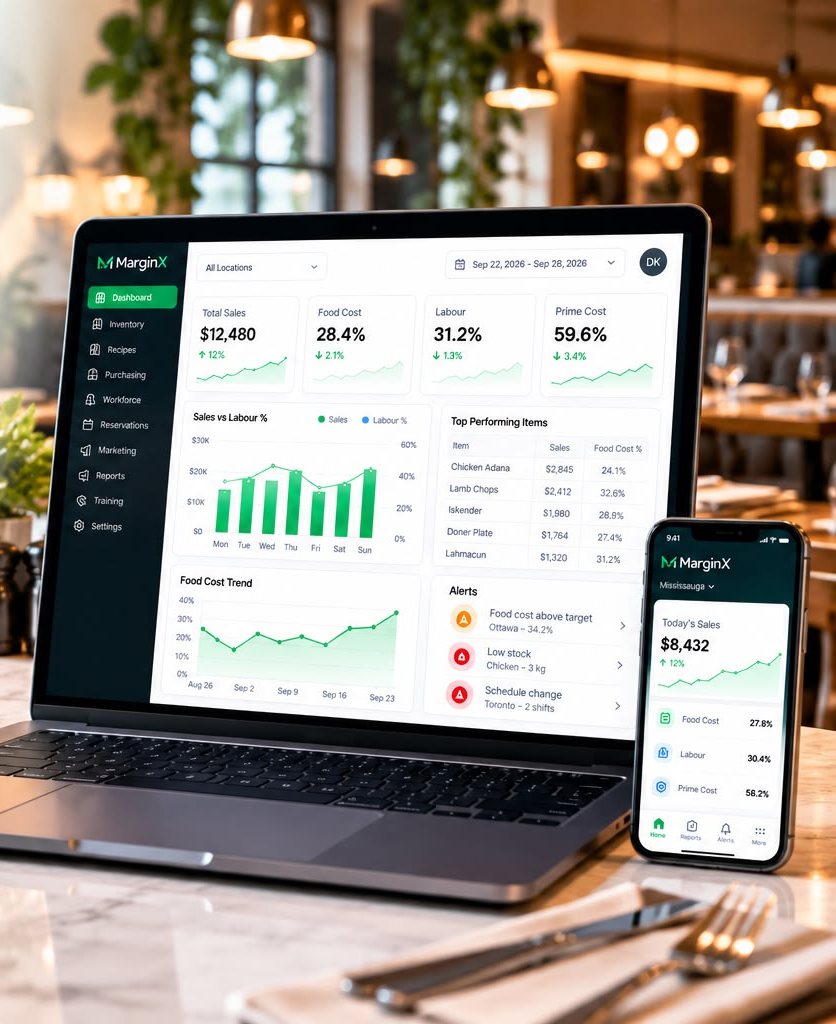 MarginX dashboard on a laptop and phone in a restaurant